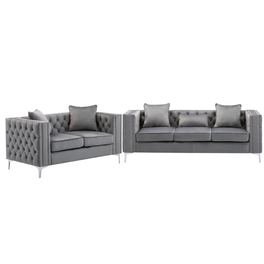 Lorreto Gray Velvet Fabric Sofa Loveseat Living Room Set