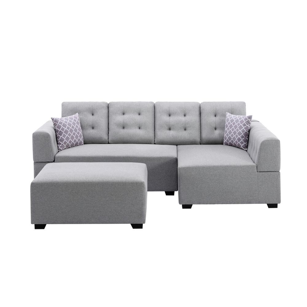 Ordell Light Gray Linen Fabric Sectional Sofa with Right Facing Chaise Ottoman and Pillows