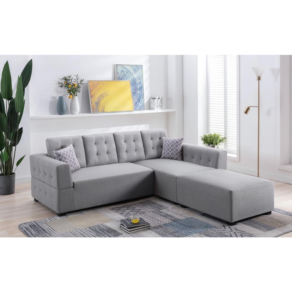 Ordell Light Gray Linen Fabric Sectional Sofa with Right Facing Chaise Ottoman and Pillows