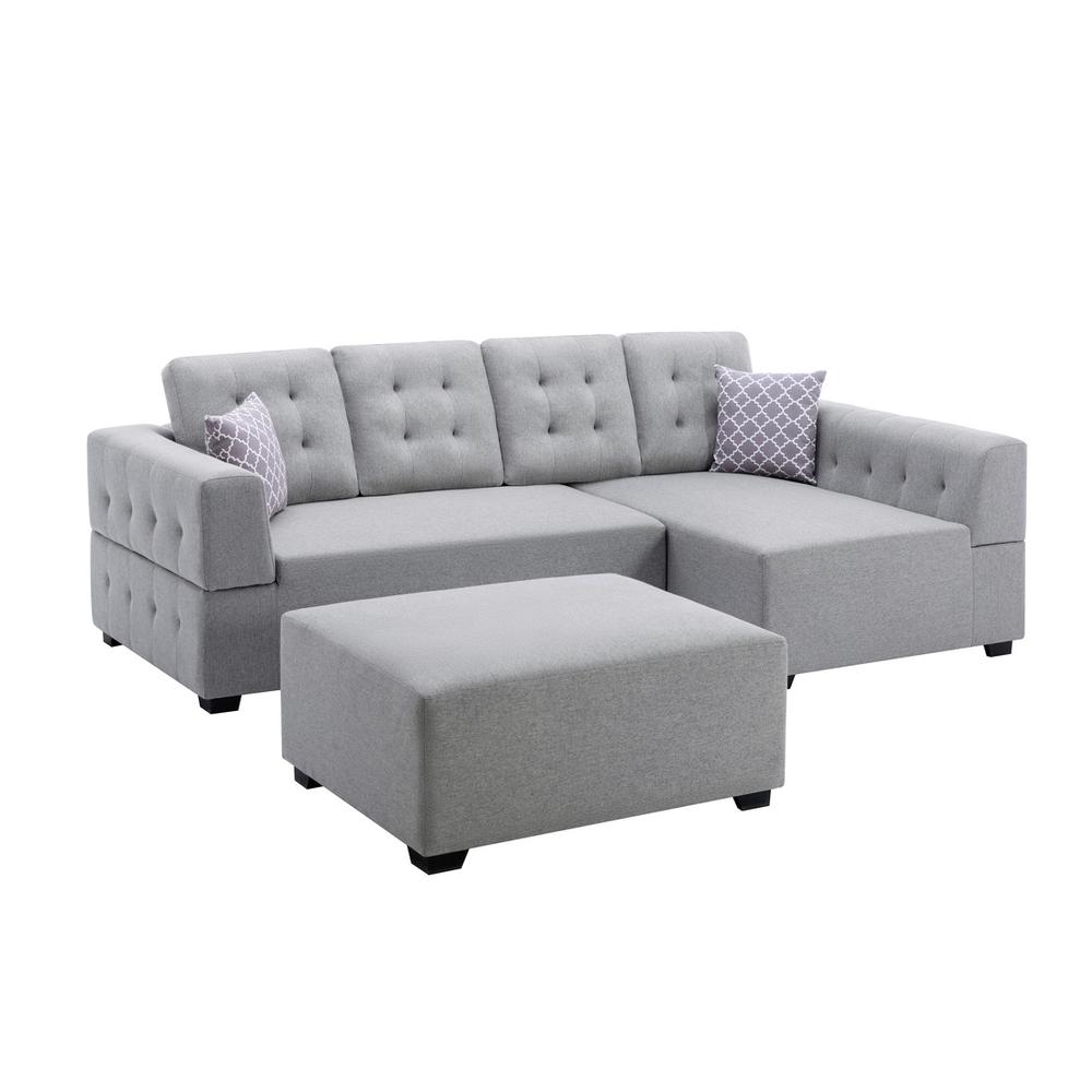 Ordell Light Gray Linen Fabric Sectional Sofa with Right Facing Chaise Ottoman and Pillows