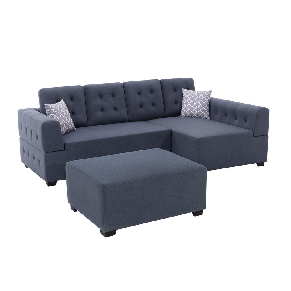 Ordell Dark Gray Linen Fabric Sectional Sofa with Right Facing Chaise Ottoman and Pillows