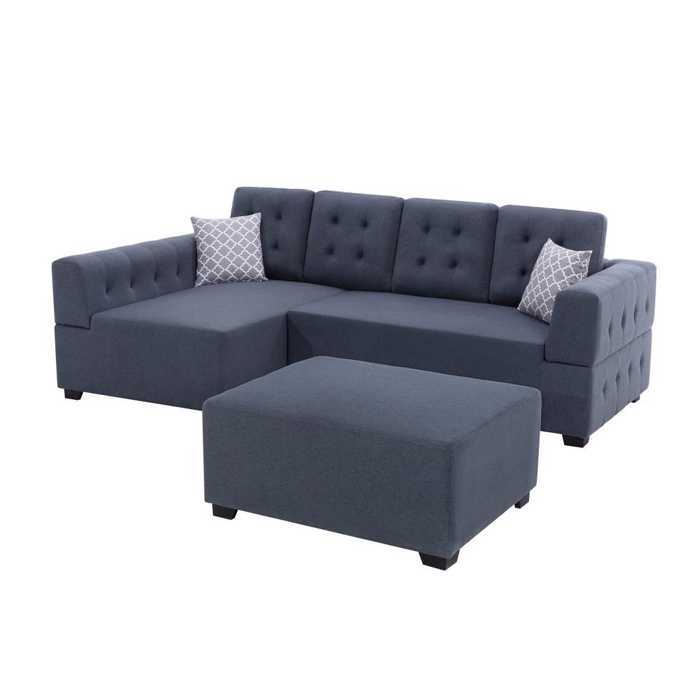 Ordell Dark Gray Linen Fabric Sectional Sofa with Left Facing Chaise Ottoman and Pillows