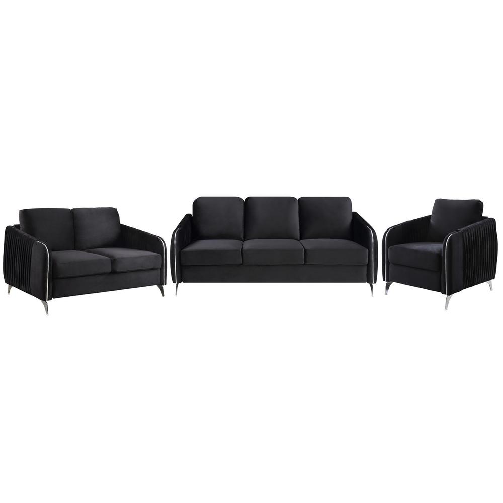 Hathaway Black Velvet Fabric Sofa Loveseat Chair Living Room Set