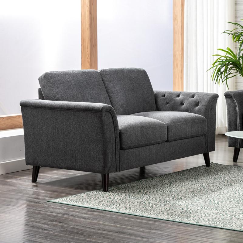 Stanton Dark Gray Linen Loveseat with Tufted Arms