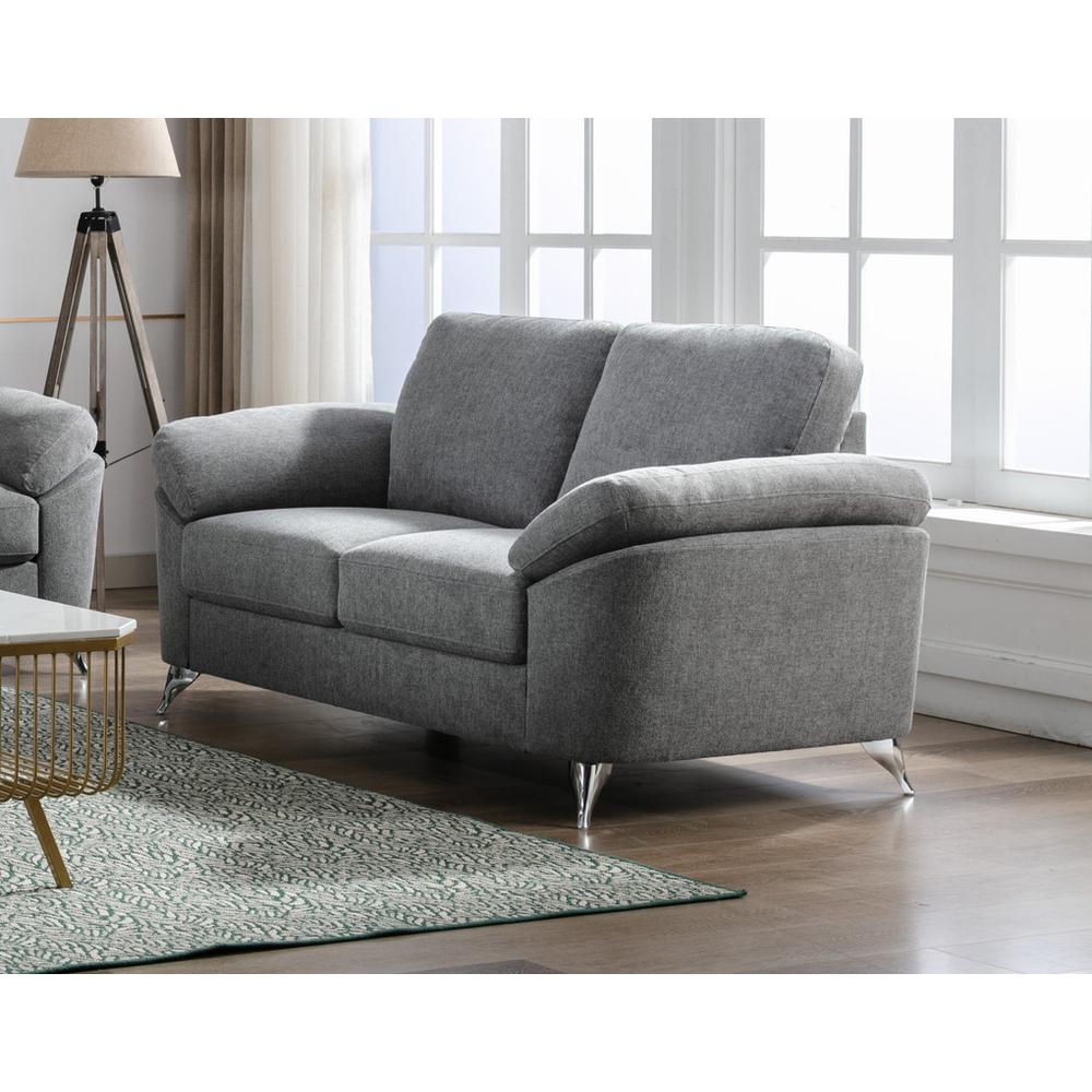 Villanelle Light Gray Linen Loveseat with Chrome Finish Legs