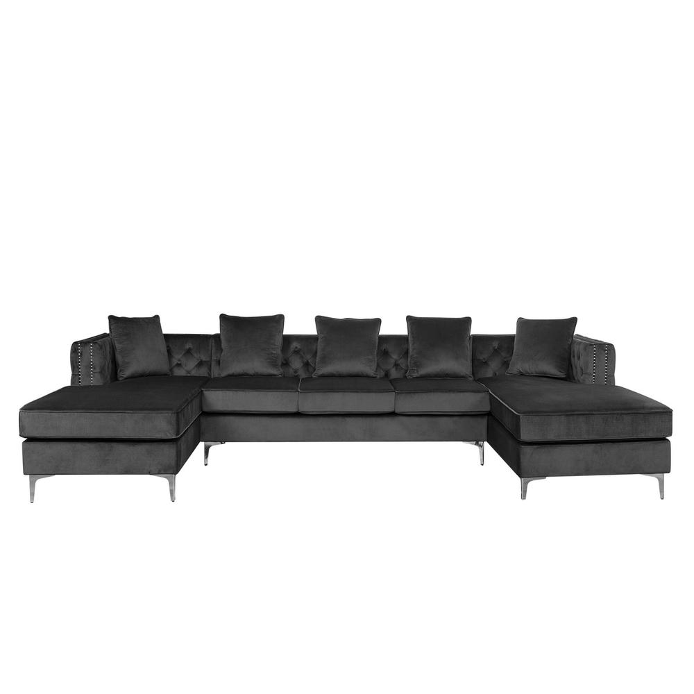 Ryan Dark Gray Velvet Double Chaise Sectional Sofa with Nail-Head Trim