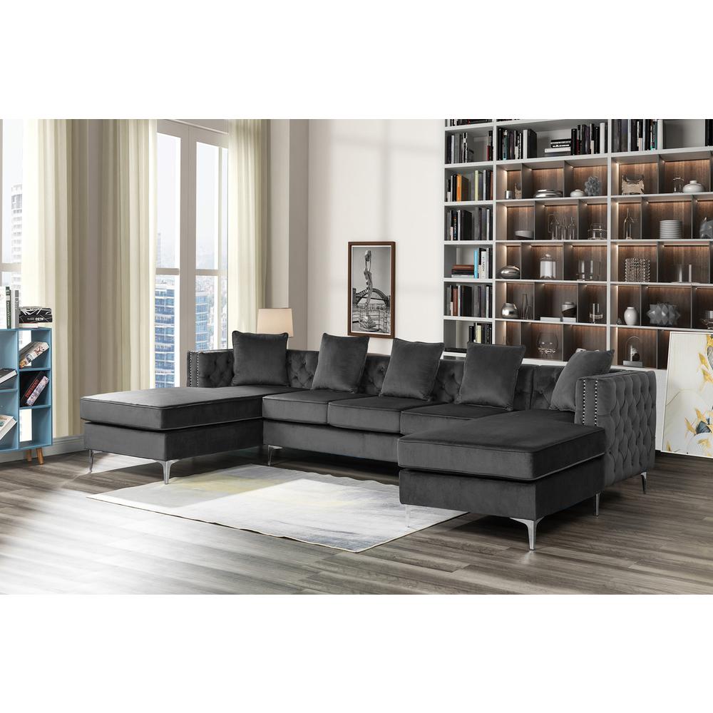 Ryan Dark Gray Velvet Double Chaise Sectional Sofa with Nail-Head Trim