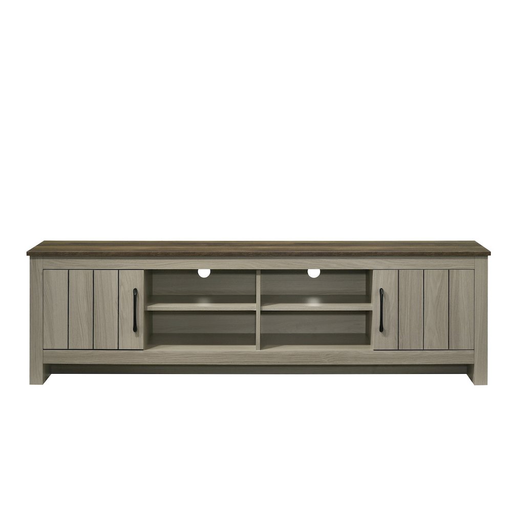Nyla 68.5″W Gray Oak TV Stand with Shelves and Cabinet Doors