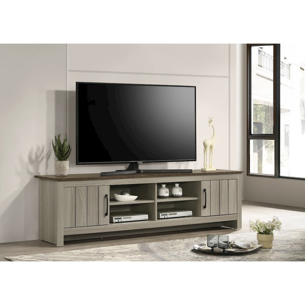 Nyla 68.5″W Gray Oak TV Stand with Shelves and Cabinet Doors