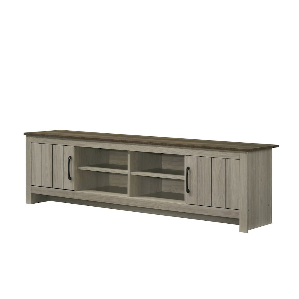 Nyla 68.5″W Gray Oak TV Stand with Shelves and Cabinet Doors