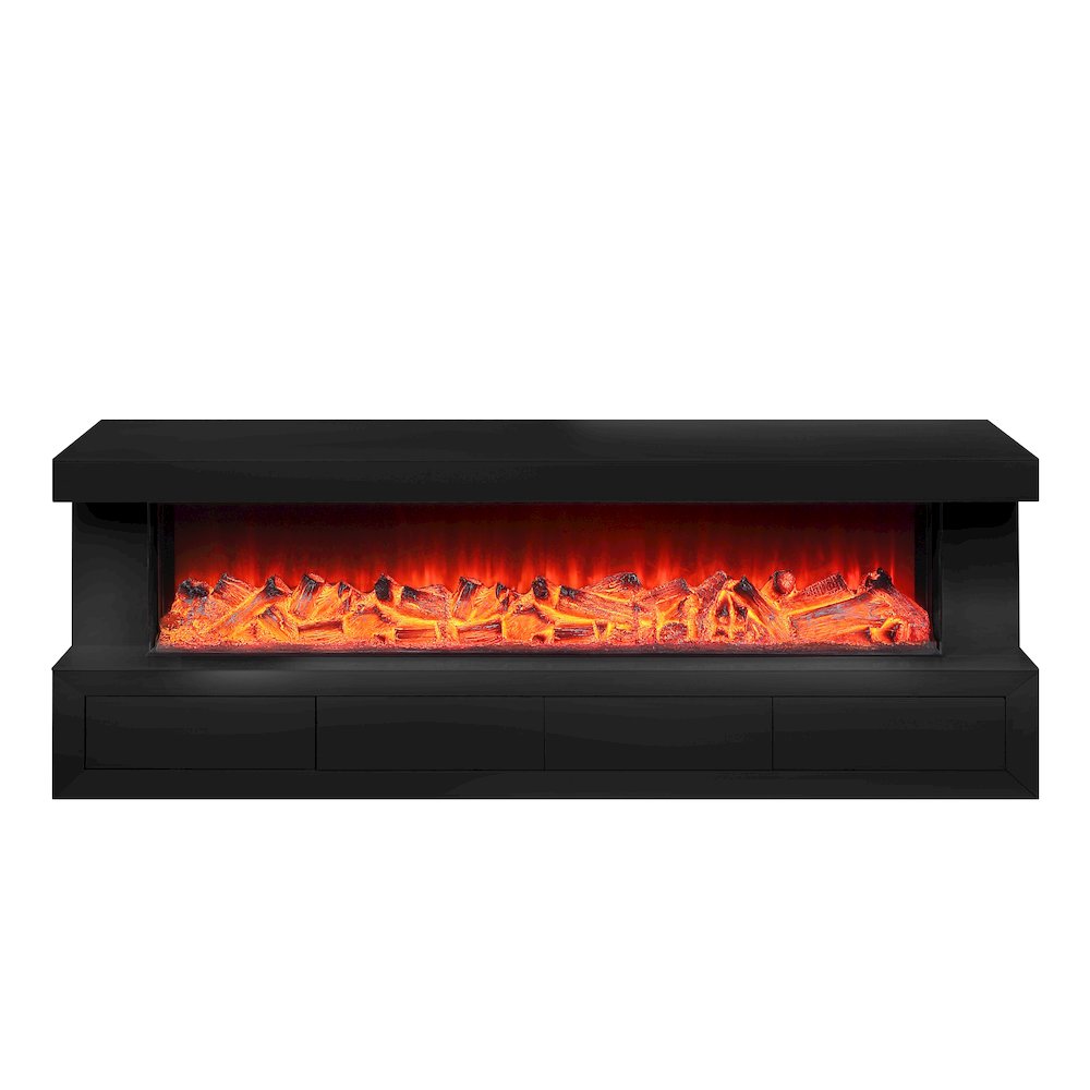 Dorian 71″W Black Finish TV Stand with Fireplace and Speaker