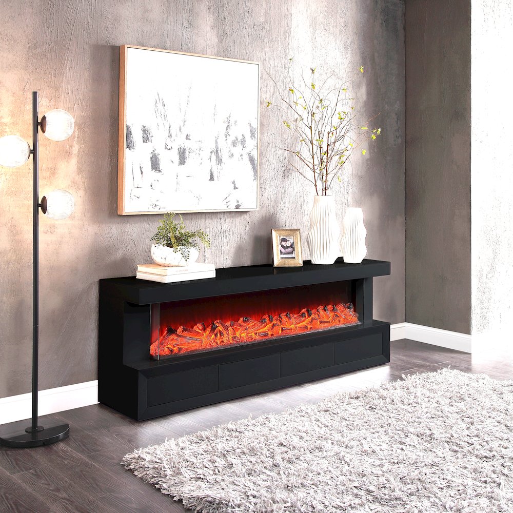 Dorian 71″W Black Finish TV Stand with Fireplace and Speaker