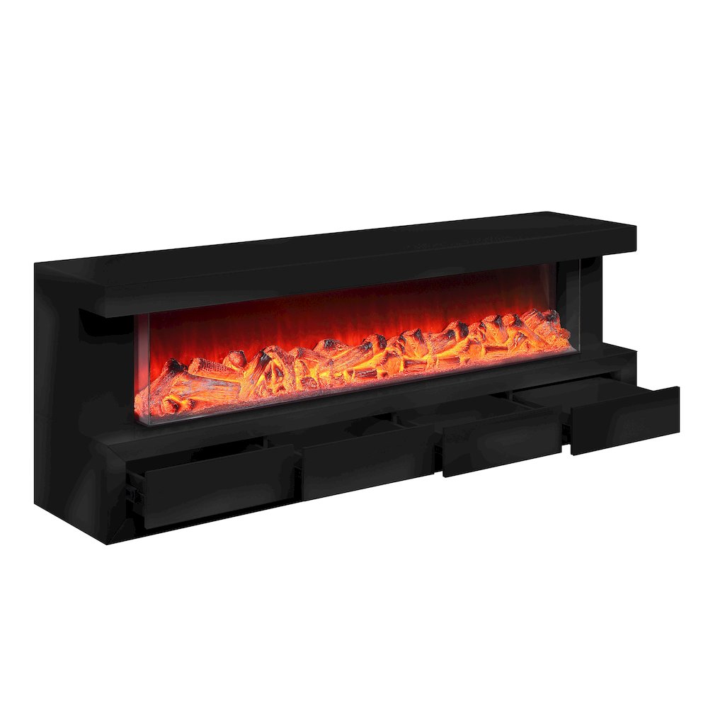 Dorian 71″W Black Finish TV Stand with Fireplace and Speaker