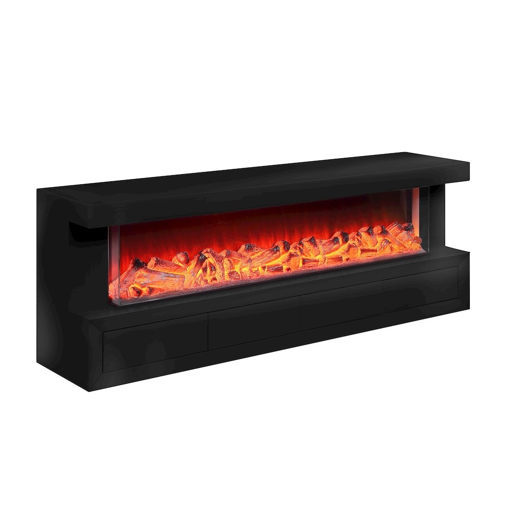 Dorian 71″W Black Finish TV Stand with Fireplace and Speaker