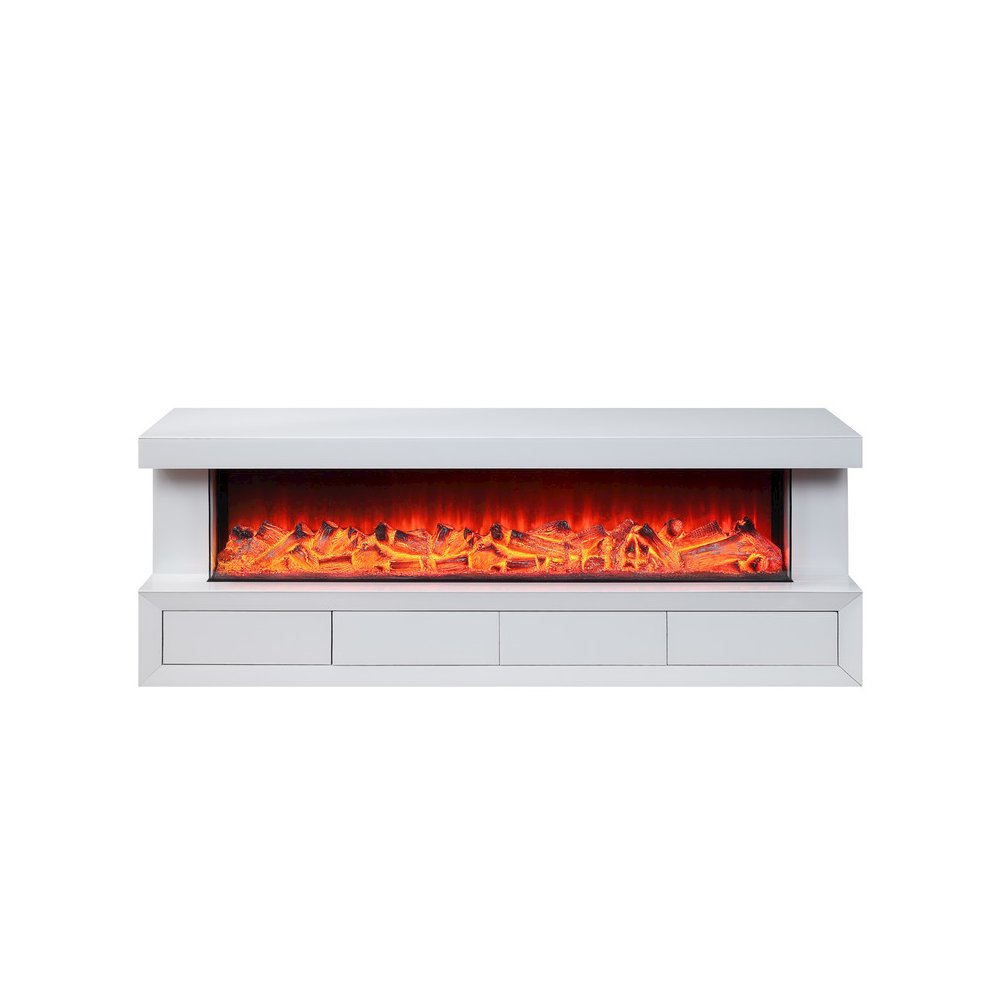 Dorian 71″W White Finish TV Stand with Fireplace and Speaker