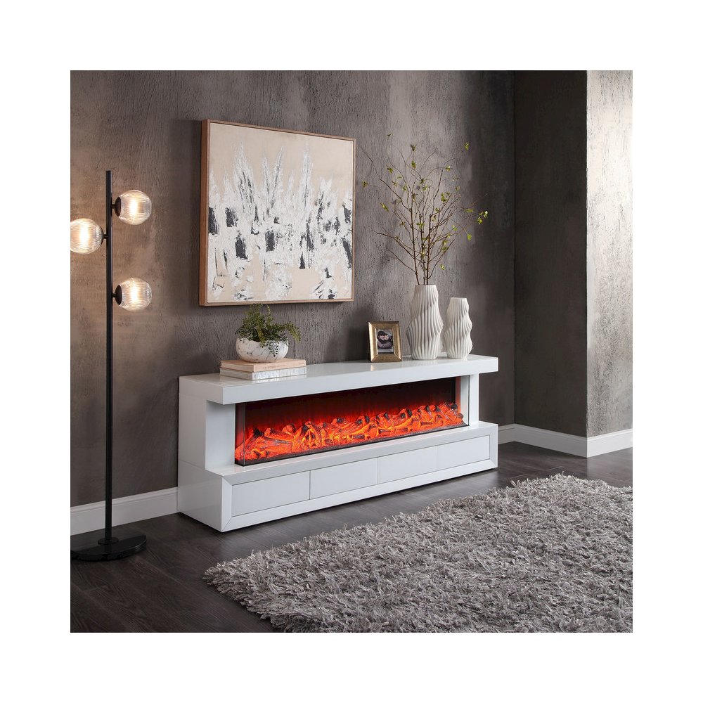 Dorian 71″W White Finish TV Stand with Fireplace and Speaker