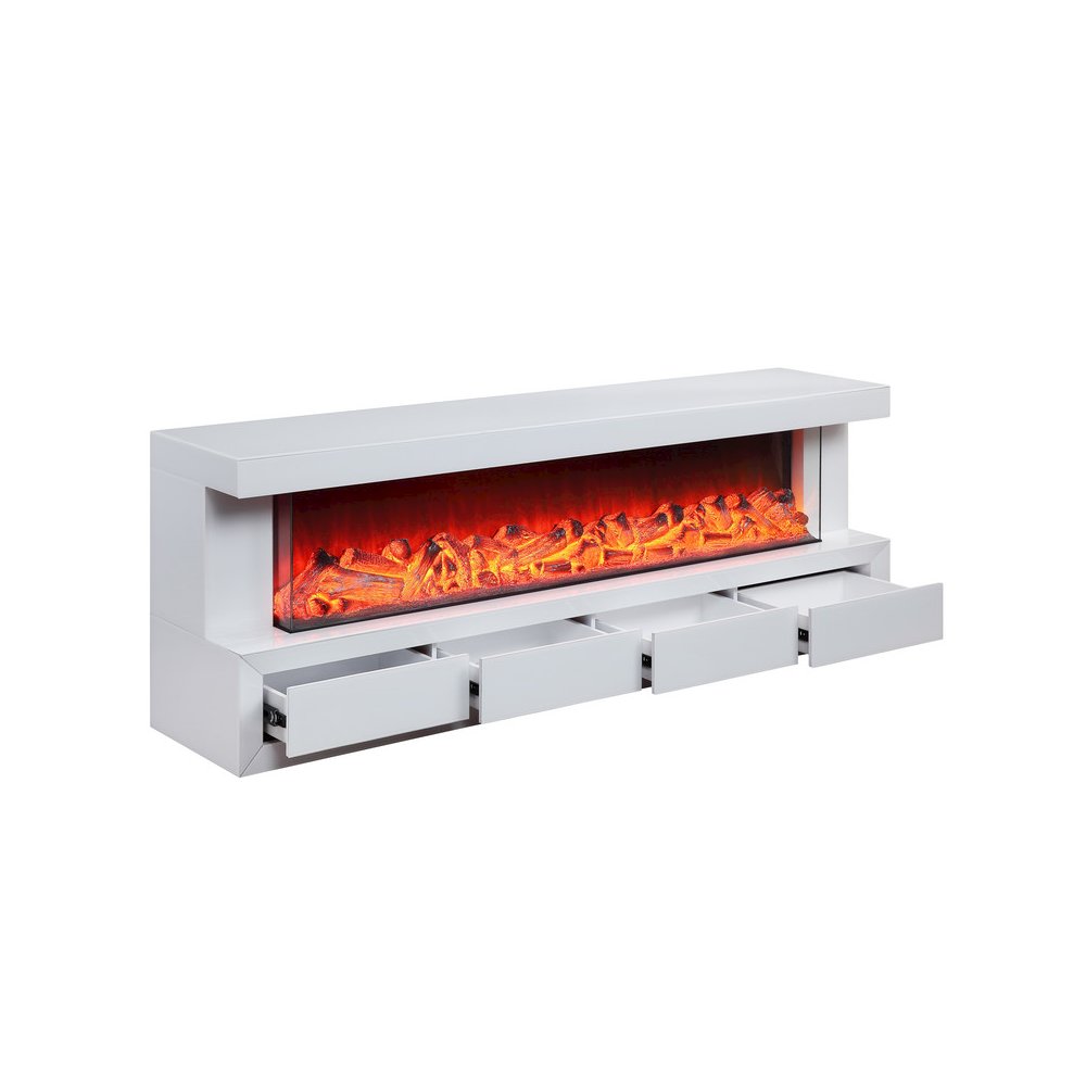 Dorian 71″W White Finish TV Stand with Fireplace and Speaker