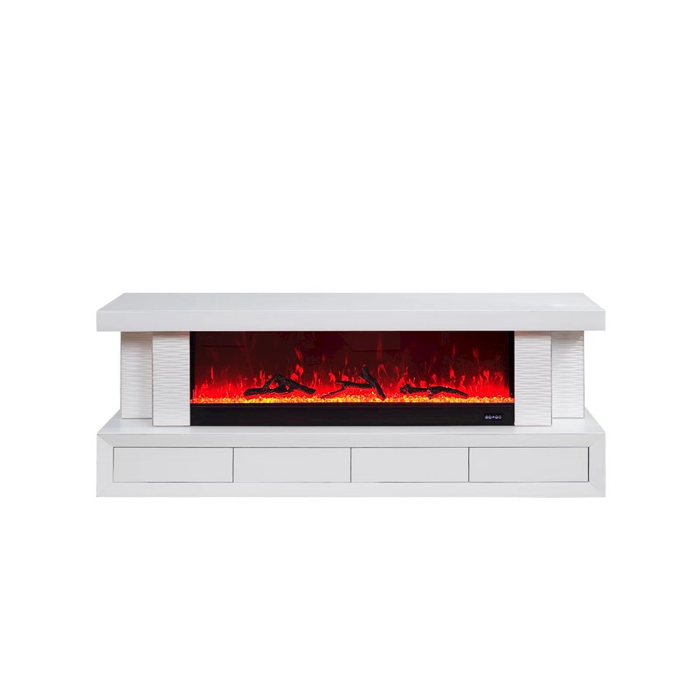 Spencer 71″W White Finish TV Stand with Fireplace and Speaker