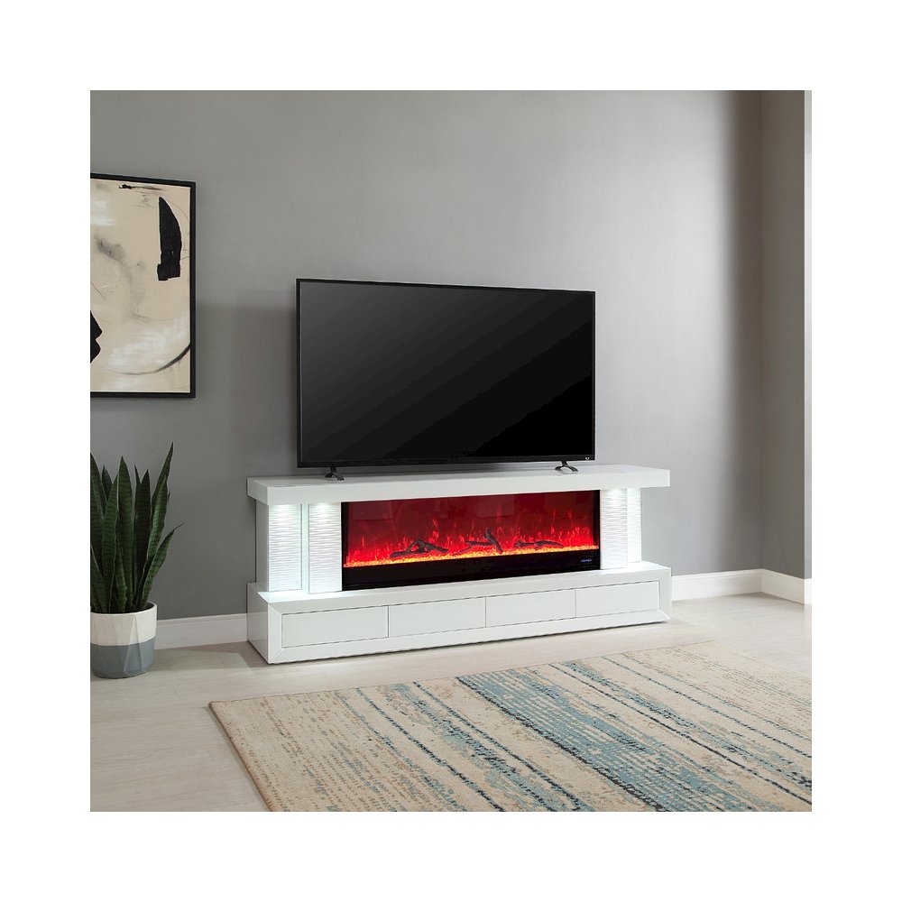 Spencer 71″W White Finish TV Stand with Fireplace and Speaker