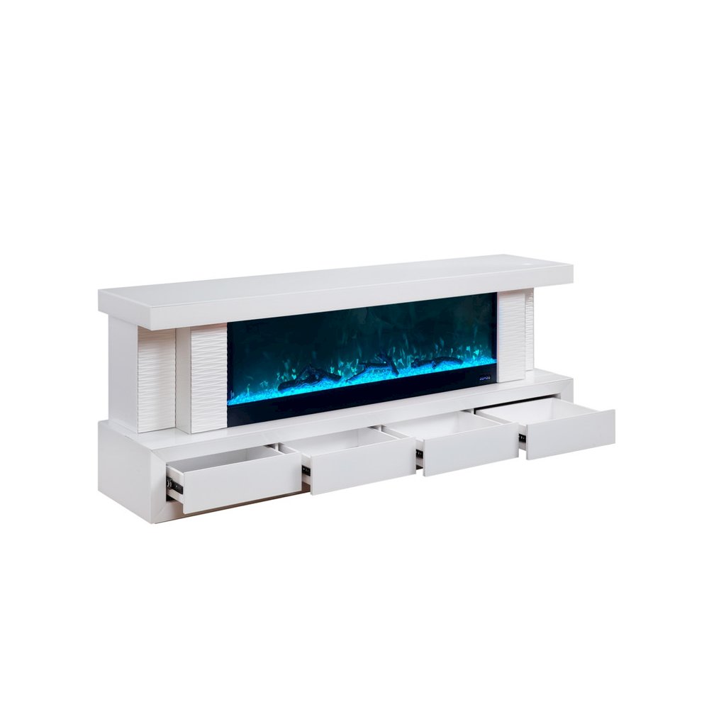 Spencer 71″W White Finish TV Stand with Fireplace and Speaker
