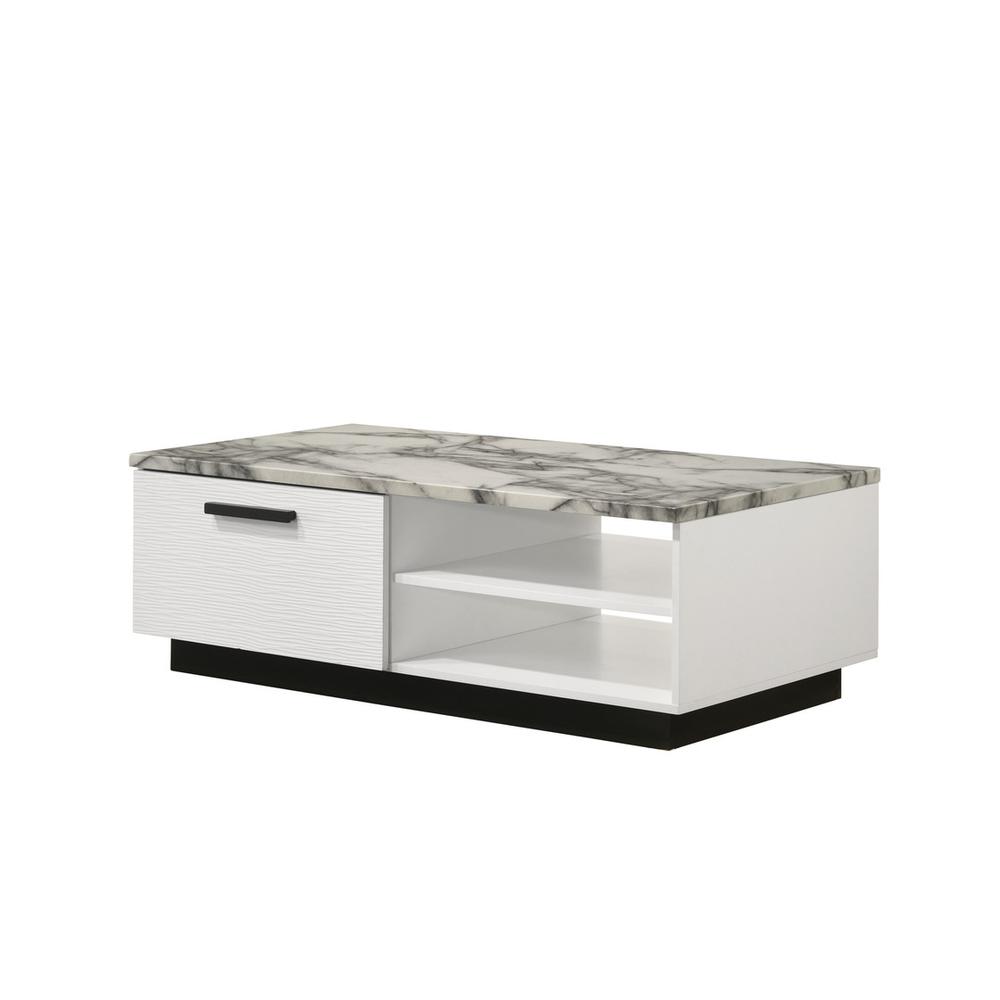 Matilda 47″W White Coffee Table with White Faux Marble Top