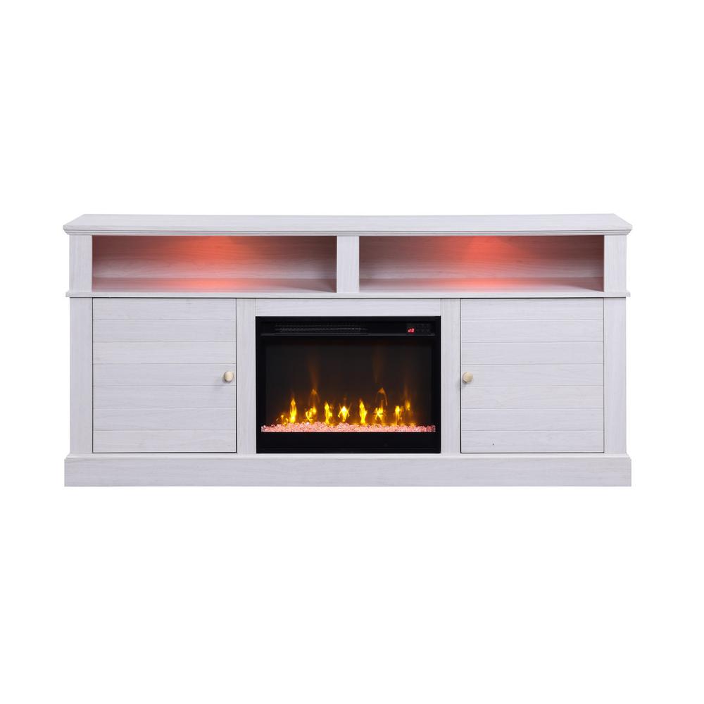 Lucifer 70″W White Walnut Finish TV Stand Console with Fireplace
