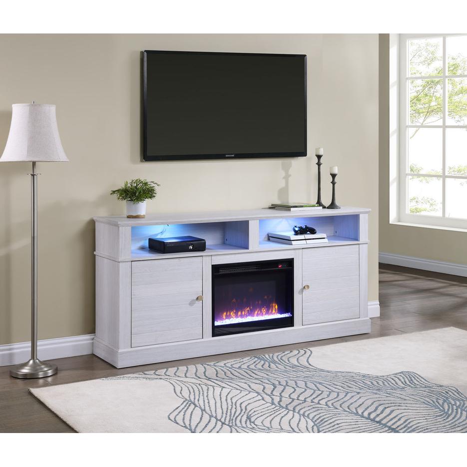 Lucifer 70″W White Walnut Finish TV Stand Console with Fireplace