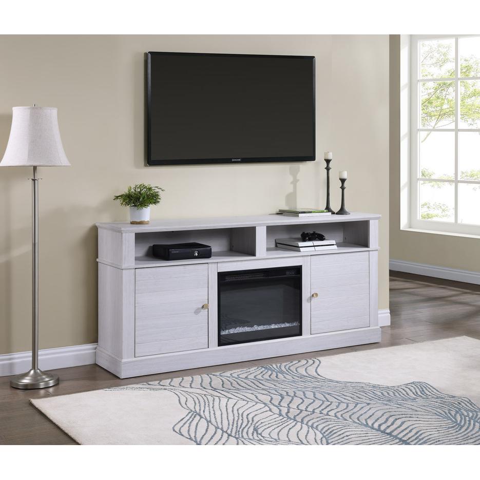 Lucifer 70″W White Walnut Finish TV Stand Console with Fireplace