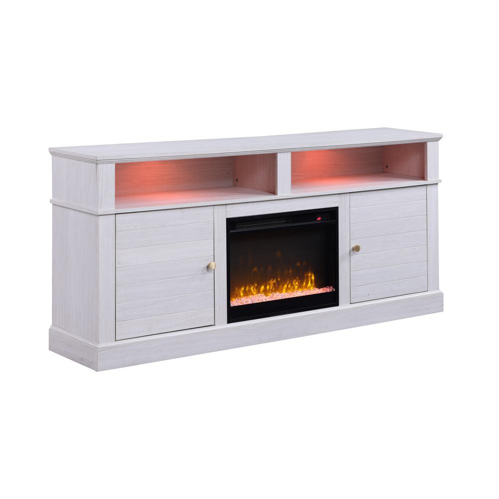 Lucifer 70″W White Walnut Finish TV Stand Console with Fireplace
