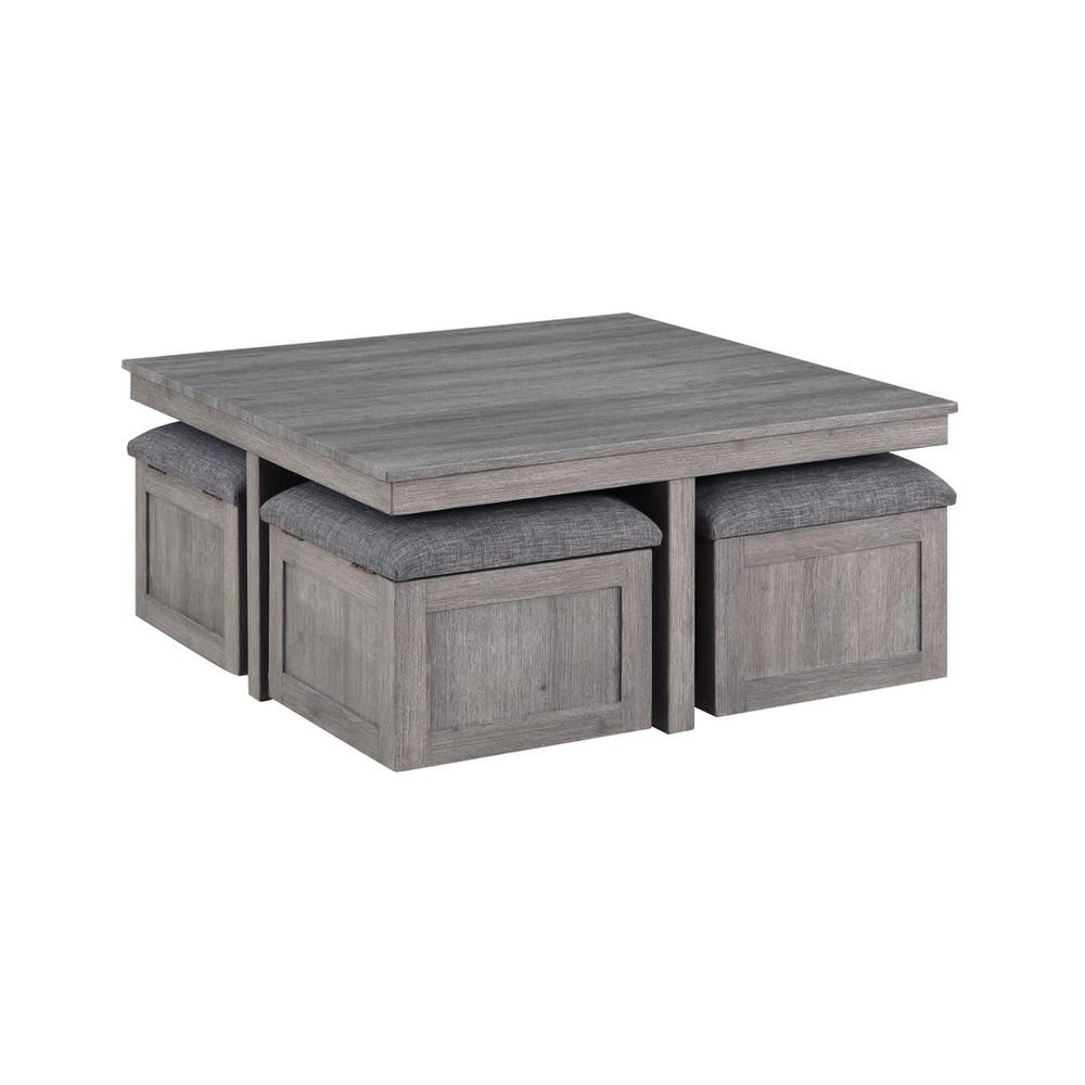 Moseberg Distressed Gray Coffee Table with Storage Stools