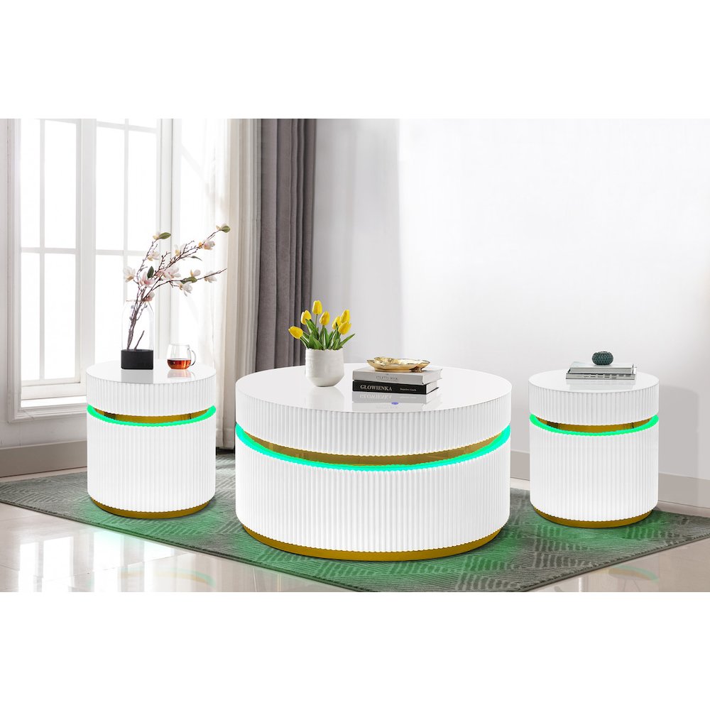 3-Piece Round Coffee Table Set with Glass Top and LED Lights