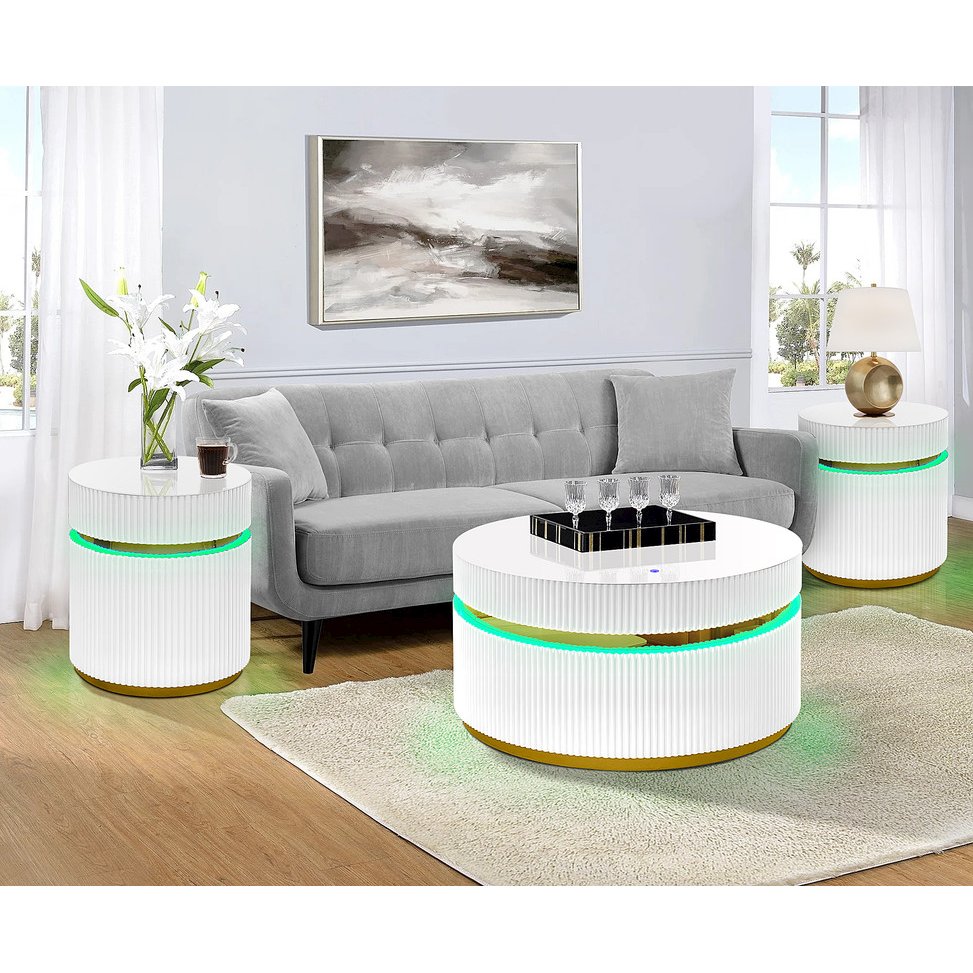 3-Piece Round Coffee Table Set with Glass Top and LED Lights