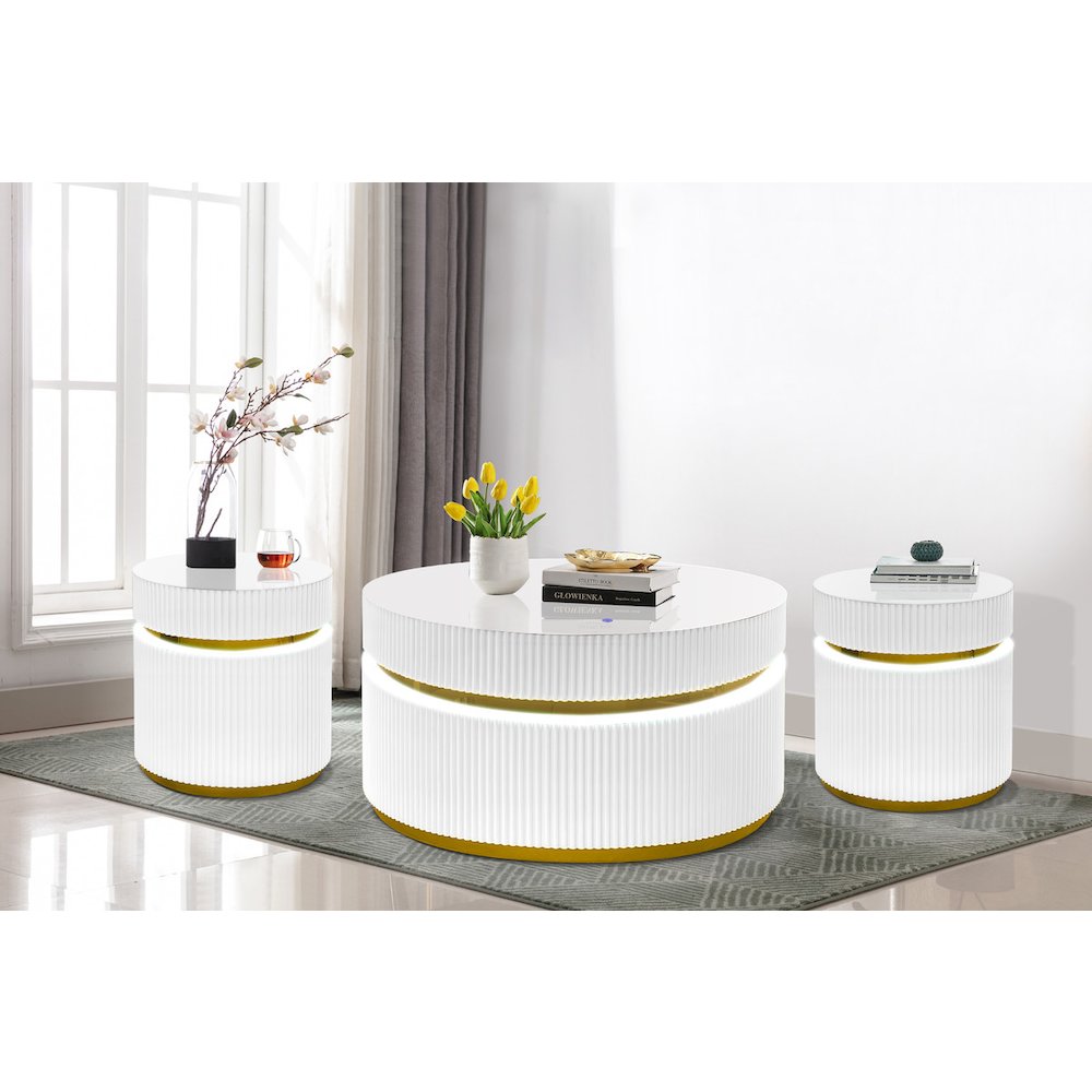 3-Piece Round Coffee Table Set with Glass Top and LED Lights