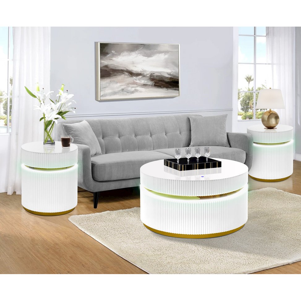 3-Piece Round Coffee Table Set with Glass Top and LED Lights