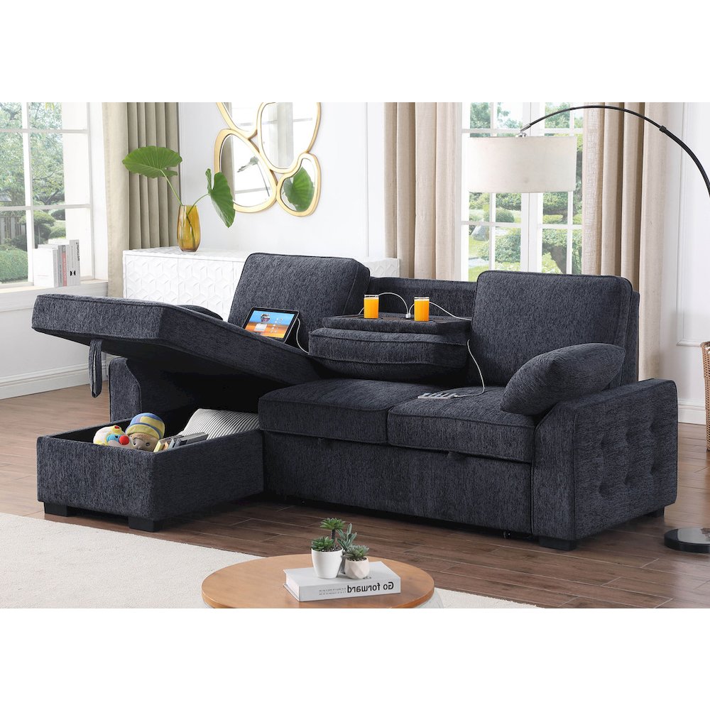 91″W Dark Gray Chenille Fabric Reversible Sleeper Sectional