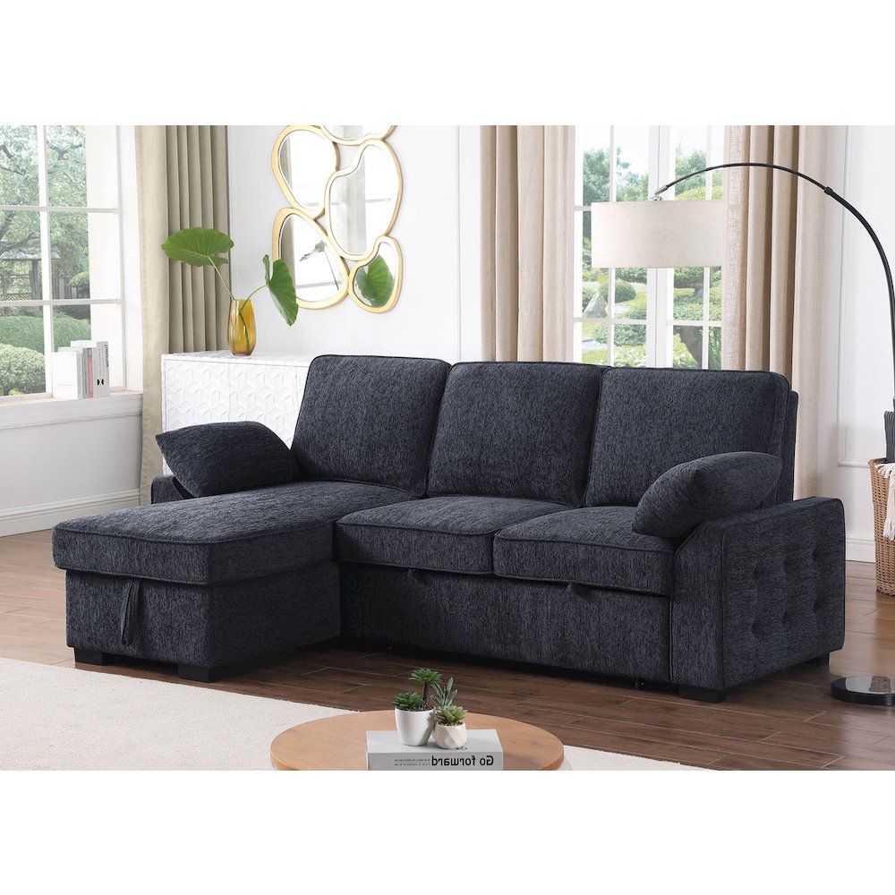 91″W Charcoal Chenille Fabric Reversible Sleeper Sectional with Storage Chaise