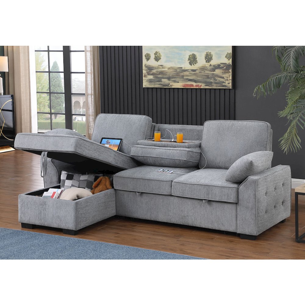 91″W Light Gray Chenille Fabric Reversible Sleeper Sectional