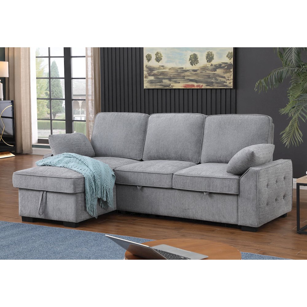 91″W Light Gray Chenille Fabric Reversible Sleeper Sectional with Storage Chaise