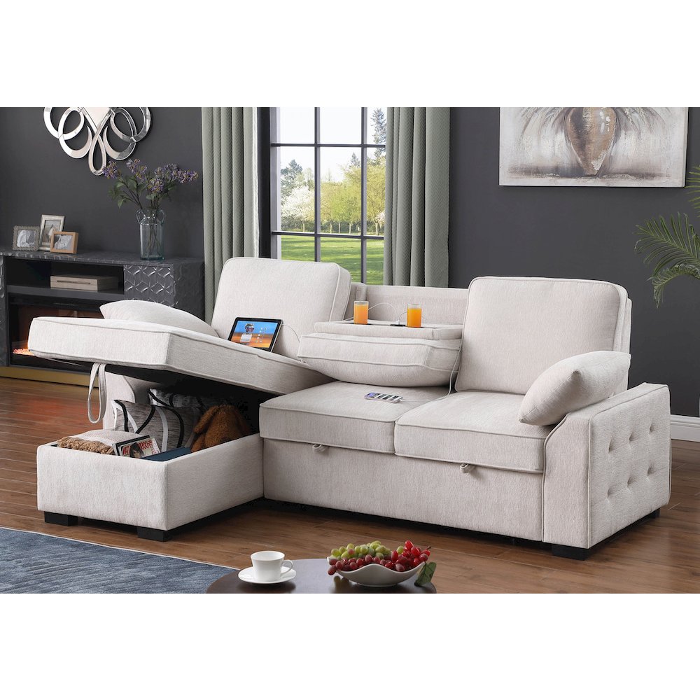 91″W Beige Chenille Fabric Reversible Sleeper Sectional with Storage Chaise