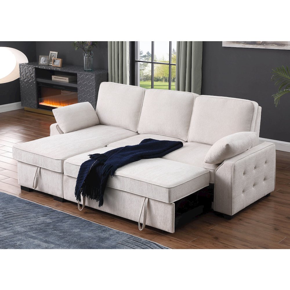 91″W Beige Chenille Fabric Reversible Sleeper Sectional with Storage Chaise