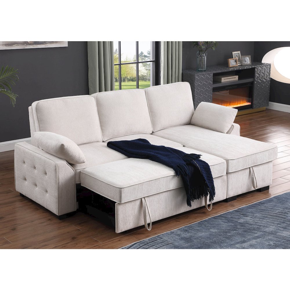 91″W Beige Chenille Fabric Reversible Sleeper Sectional with Storage Chaise
