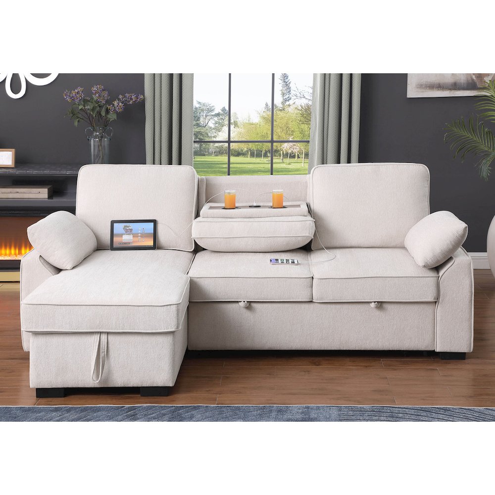 91″W Beige Chenille Fabric Reversible Sleeper Sectional with Storage Chaise