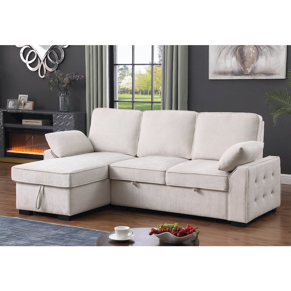 91″W Beige Chenille Fabric Reversible Sleeper Sectional with Storage Chaise