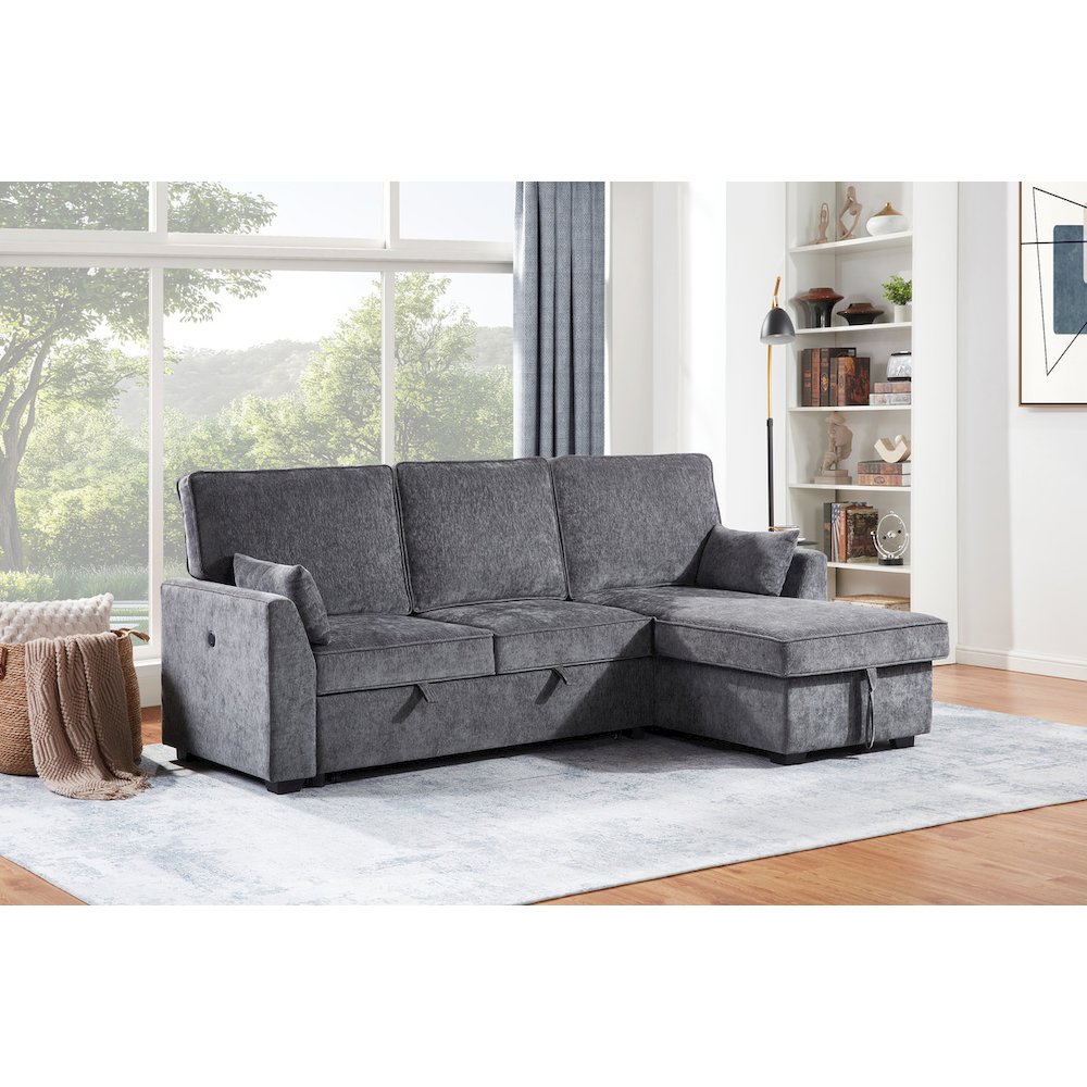 Emmy 89″W Dark Gray Fabric Sleeper Sectional Sofa with Reversible Storage Chaise