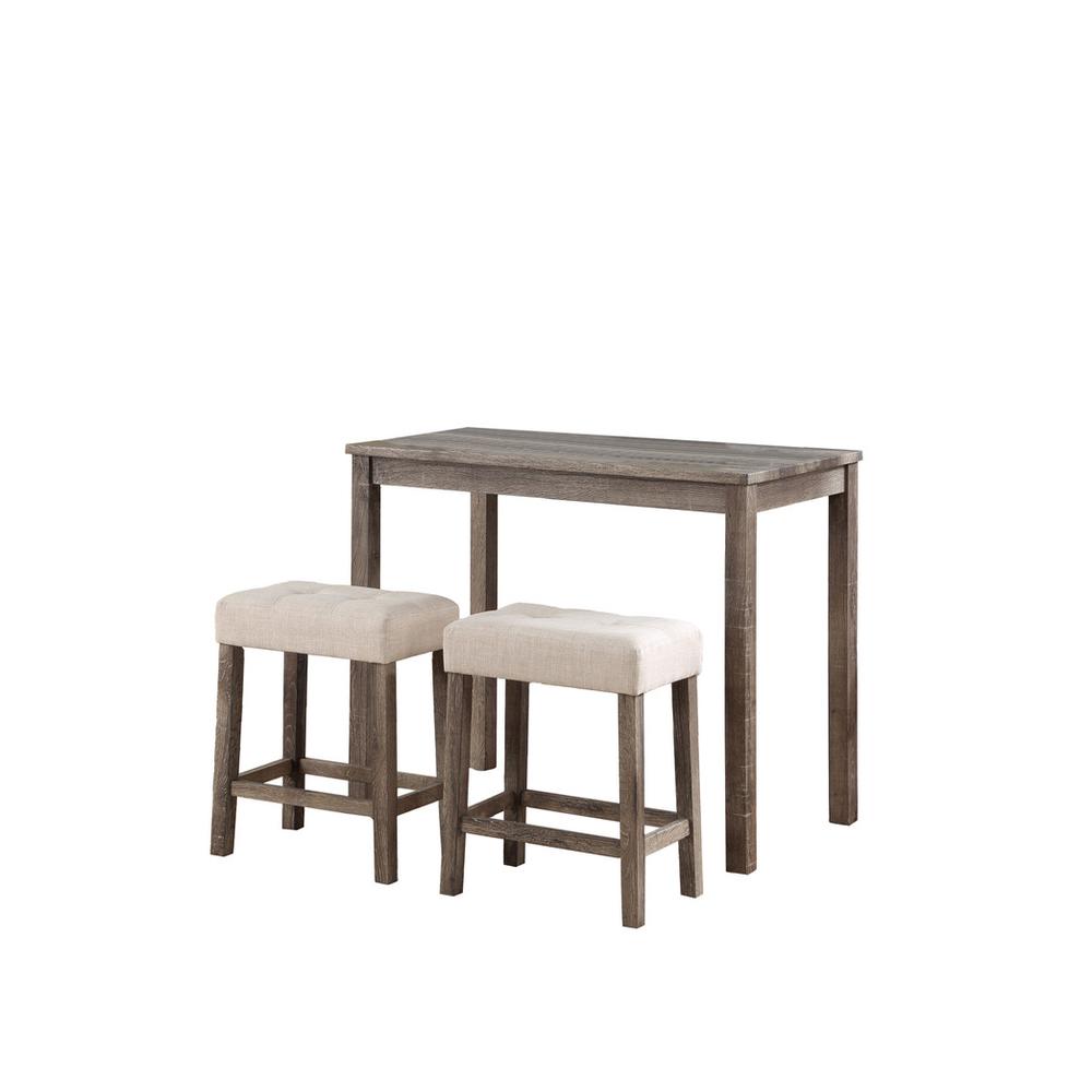 Lux Brown 3 Piece Counter Height 36″ Pub Table Set with Tufted Creamy White Linen Stools