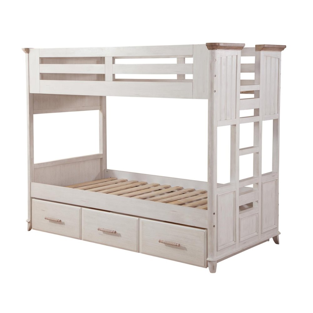 Beach Comber Twin Bunkbed With Trundle Unit –  Weathered White – Sand Top