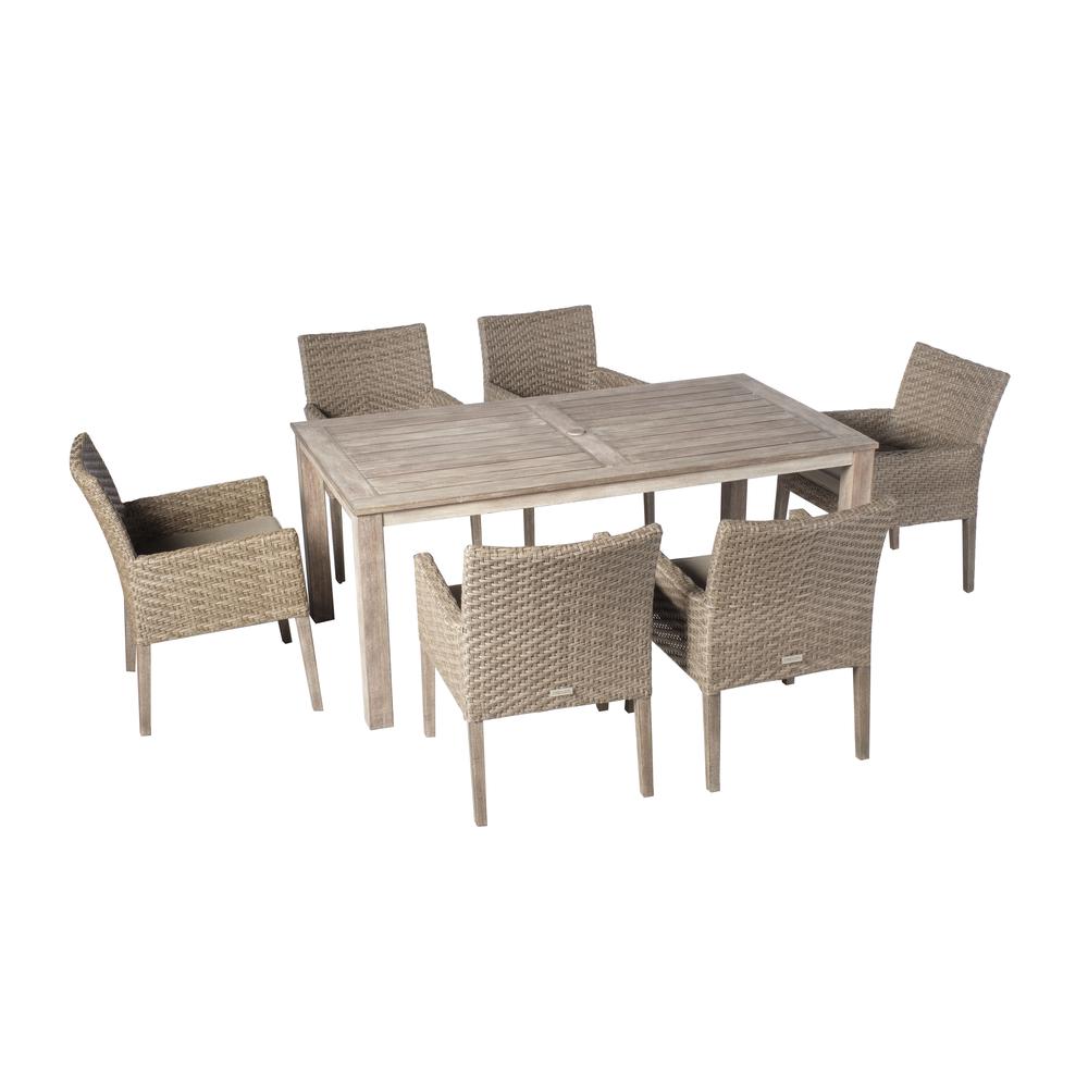 Cornwall Woven Wood Set With 71″ Rectangular Wood Dining Table With Umbrella Hole and 6 Dining Arm Chairs With Sunbrella Cast Shale Cushions