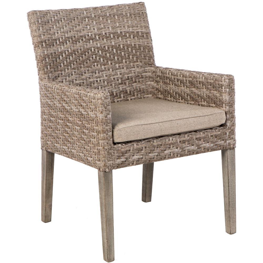Cornwall Woven Wood Set With 71″ Rectangular Wood Dining Table With Umbrella Hole and 6 Dining Arm Chairs With Sunbrella Cast Shale Cushions