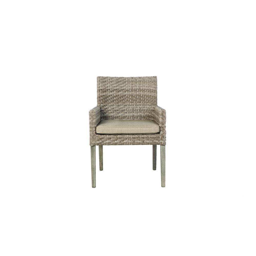 Cornwall Woven Wood Set With 71″ Rectangular Wood Dining Table With Umbrella Hole and 6 Dining Arm Chairs With Sunbrella Cast Shale Cushions