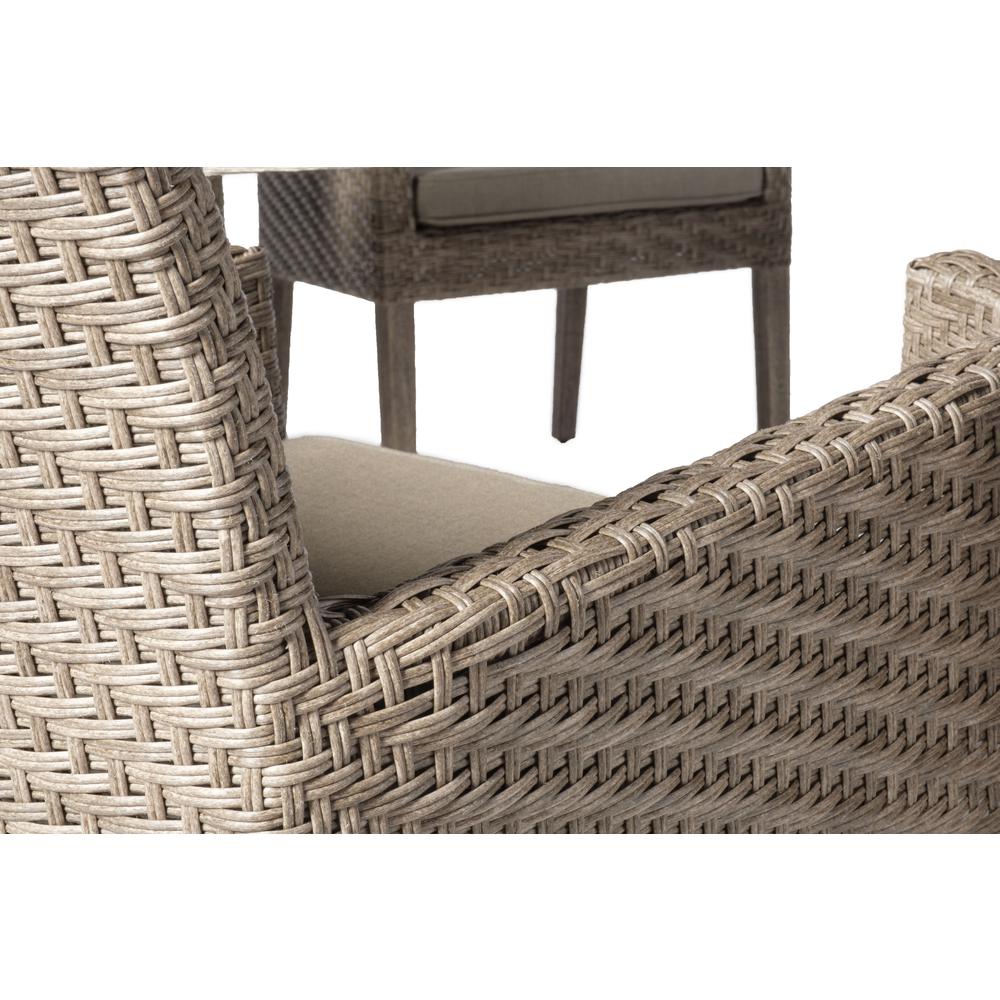 Cornwall Woven Wood Set With 71″ Rectangular Wood Dining Table With Umbrella Hole and 6 Dining Arm Chairs With Sunbrella Cast Shale Cushions